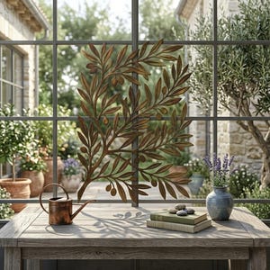 May include: A rectangular bronze-toned metal wall art piece featuring an intricate design of olive branches with leaves and small olives. The metal sculpture is positioned against a window pane, displaying a detailed botanical pattern in a metallic finish.