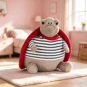 May include: A plush stuffed animal shaped like a turtle with a round, light brown body, wearing a white shirt with horizontal navy blue stripes and a red neckerchief. It features a large, smooth, deep red shell covering its back and sides.