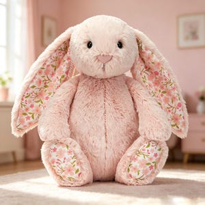May include: A plush stuffed rabbit toy with soft light pink fur. The rabbit features long, floppy ears and foot pads lined with a white fabric patterned with pink cherry blossoms and green leaves. It has dark eyes and a small pink stitched nose.