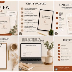Op de afbeelding: Een interviewvoorbereidingspakket met de tekst "INTERVIEW PREPARATION PACK" en "THE ADMIN EDIT". Bevat checklists, gidsen en sjablonen. Het pakket is ontworpen om te helpen met vertrouwen voor te bereiden. Bevat ook een STAR-methode gids.