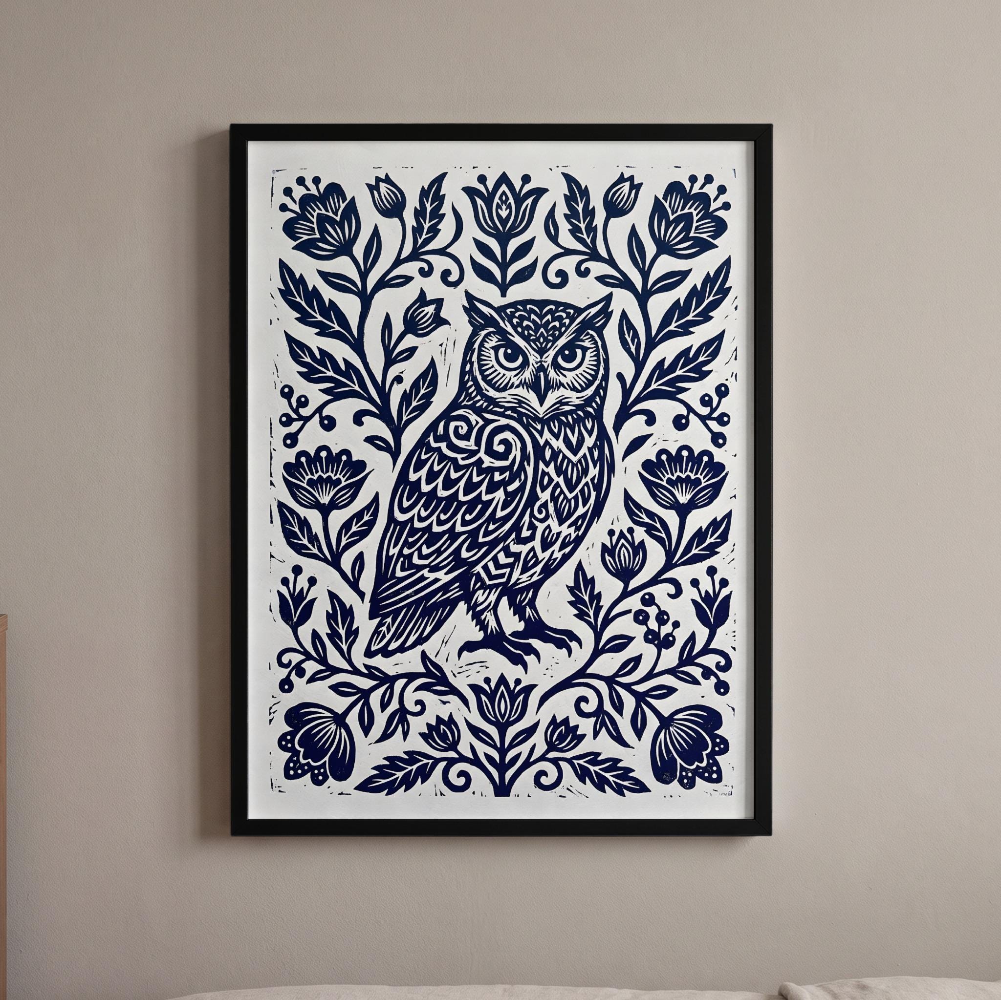 Owl Lino Print - Folk Art Wall Art, Scandinavian Decor, Cottagecore Gift