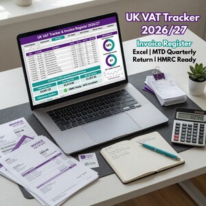 May include: A laptop displays a spreadsheet labeled "UK VAT Tracker & Invoice Register 2026/27." The image includes invoices, a calculator, a notepad with a pen, and a small plant. Text on the screen indicates Excel and MTD Quarterly Return.
