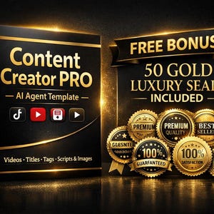 May include: A black box with gold trim and the text "Content Creator PRO - AI Agent Template" with social media icons. To the right is a black banner with "FREE BONUS! 50 GOLD LUXURY SEALS INCLUDED" and gold seals.