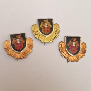 Può includere: Tre spille in metallo color oro, ciascuna con un emblema a forma di scudo su sfondo nero, uno stemma centrale rosso con motivo a rombi e un'icona stilizzata di un elmo bianco, circondati da bordi decorativi dorati a forma di foglia.
