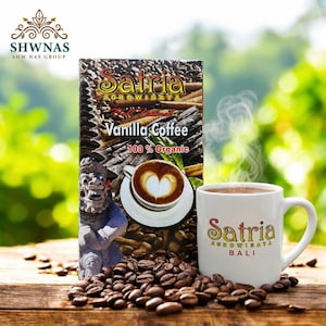May include: A white mug of steaming coffee with the text "Satria Bali" sits next to a box of "Satria Agrowisata Vanilla Coffee". The box features a coffee cup design and the words "100% Organic". Coffee beans are scattered on a wooden surface.