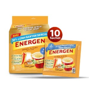 Pode incluir: Uma embalagem amarela de mistura para bebida de cereais e leite Energen, contendo um saco grande e uma saqueta. A embalagem exibe o texto Energen, Vanila e 10 Sachet, juntamente com gráficos de uma chávena de cereais, leite, ovos e trigo.