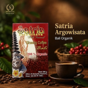 May include: A rectangular box of Satria Agrowisata Bali Natural Ginseng Coffee with 100% Organic text. The packaging features a ginseng root, a Balinese statue, and frangipani flowers. The net weight is 200 grams, with address and contact details.