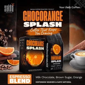 Könnte beinhalten: Eine schwarze Schachtel und eine schwarze Tüte Chocorange Splash Espresso-Kaffeemischung. Die Verpackung zeigt orangen Text, eine Grafik einer aufgeschnittenen Orange sowie den Text Sakha Coffee Roastery, Your Daily Coffee und Coffee That Keeps You Craving.