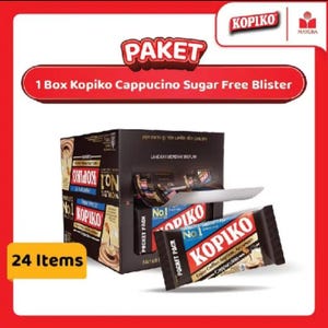 May include: A black box of Kopiko Cappuccino sugar-free candy with a single blister pack in front. The packaging features the red and white Kopiko logo, the text No. 1, and the phrase Enjoy Coffee Anytime, Anywhere. The box indicates 24 items total.