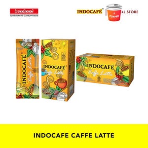 Puede incluir: Envase de café instantáneo Indocafe Caffe Latte con diseño en amarillo y naranja, que muestra ilustraciones de granos de café, hojas y una taza humeante. La marca incluye el texto Indocafe Caffe Latte, el logo Incofood y un símbolo Halal.