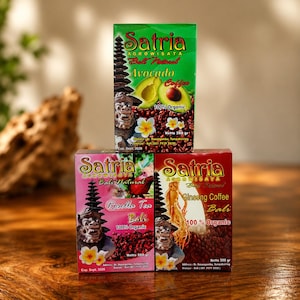 May include: Three rectangular boxes of Satria Agrowisata Bali Natural products, each weighing 200 grams. The top box is green, featuring avocado coffee. The bottom left box is pink, featuring rosella tea. The bottom right box is red, featuring ginseng coffee.