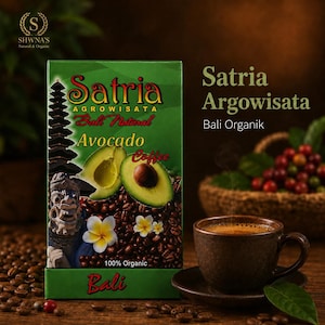 May include: A rectangular green box of Satria Agrowisata Bali Natural Avocado Coffee featuring an illustration of a Balinese temple, a stone statue, sliced avocados, coffee beans, and white flowers. The text reads 100% Organic and Bali.