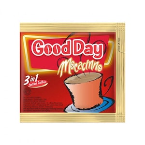 May include: A square packet of Good Day Mocacinno 3 in 1 instant coffee. The red packaging features the brand name in white, a graphic of a coffee cup on a blue saucer, and text indicating a net weight of 20g. The edges are a metallic gold colour.