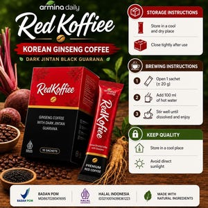Op de afbeelding: Armina Daily Red Koffiee Koreaanse ginsengkoffie in doos en los zakje met donkere jintan en zwarte guarana. De rood-zwarte verpakking bevat tekst, 10 zakjes, zetinstructies voor 100 ml heet water en bewaaradvies voor het product.