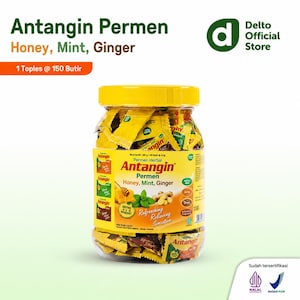 Peut inclure: Un pot en plastique transparent avec un couvercle jaune rempli de bonbons aux herbes Antangin emballés individuellement. L'étiquette porte le texte Antangin Permen Honey, Mint, Ginger, avec des illustrations de miel, de menthe et de gingembre.