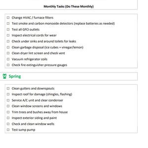 Op de afbeelding: Een seizoensgebonden checklist voor woningonderhoud met een blauwe koptekst. De checklist bevat maandelijkse en voorjaarstaken, zoals het schoonmaken van dakgoten en het inspecteren van het dak.