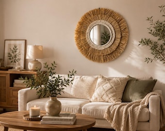 Farmhouse Wall Mirror - Two Tier Raffia Design, Living Room Bedroom Bathroom Decor