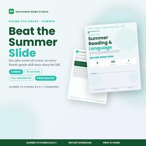 Könnte beinhalten: Ein digitales Lernheft mit dem Titel Beat the Summer Slide für Schüler, die in die 5. Klasse kommen. Das Dokument enthält dunkelgrünen und türkisfarbenen Text auf hellem Hintergrund und beschreibt 6 Wochen Wiederholung, 30 Lektionen, einen vollständigen Lösungsschlüssel und ein druckbares PDF-Format gemäß den Florida B.E.S.T.-Standards.