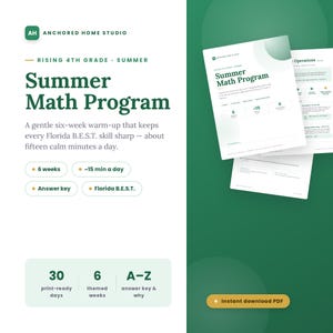 Peut inclure: Un document éducatif numérique intitulé Summer Math Program pour les élèves entrant en 4e année. Les pages blanches présentent du texte vert foncé, des problèmes de mathématiques et un programme de six semaines avec corrigé et 30 jours d'exercices.