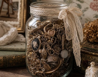 Victorian Vintage Mystery Jewelry Jar: Curated Gold Necklace Earrings Ring Bracelet Set