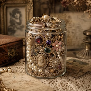 May include: A clear glass jar filled with an assortment of gold-toned jewellery, including pearl strands, a cameo brooch, floral-shaped pins with pink petals, and various pendants featuring red, purple, and green faceted gemstones.