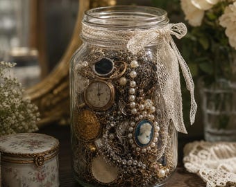 Tarro para joyas de inspiración vintage: tono dorado, perlas, accesorios de camafeo, regalo sorpresa
