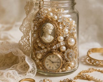 Vintage Inspired Jewelry Jar: Gold Tone, Pearl, Cameo Accessories Surprise Gift
