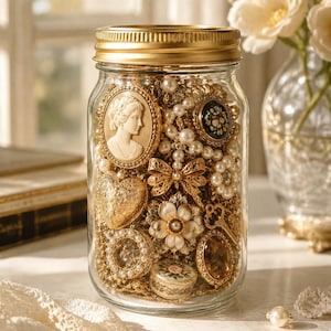 Könnte beinhalten: Ein durchsichtiges Glasgefäß mit goldenem Metalldeckel, gefüllt mit verschiedenen Schmuckstücken im Vintage-Stil, darunter eine Kamee-Brosche, ein goldenes Herzmedaillon, Perlenketten, eine goldene Schleifenbrosche und eine kleine Blumendose.