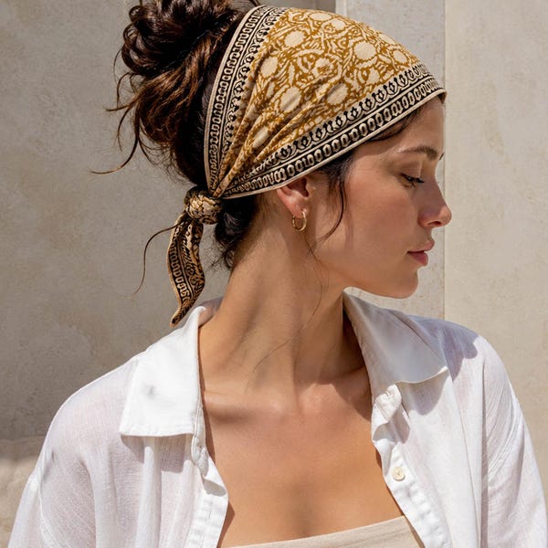 Handmade Organic Cotton Bandana | Hand Block Print Floral Head Scarf | 21x21