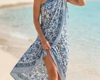 Blue Paisley Hand Block Print Cotton Sarong | Beach Cover Up | Swimwear Pareo
