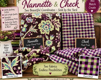 Nannette Floral Kids Check Fabric Bundle | Lime Green Fuchsia Cotton Sewing Quilting