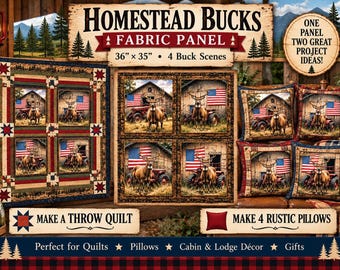 HOMESTEAD BUCKS - 36 × 35 Fabric Panel - 4 Buck Scenes • Quilt or Pillow Projects