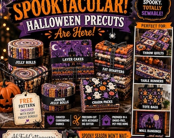 Halloween Fabric Precuts: Spooky Ghosts, Pumpkins, Witches – Sewing Quilting Novelty Prints