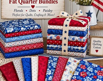 Red White Blue Fat Quarter Bundle, 12 Patriotic Cotton Quilting Fabrics