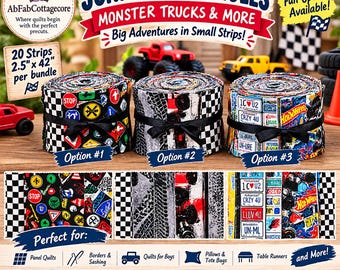 Junior Jelly Roll Fabric Strips | Monster Trucks, Racing, Traffic Signs (20 Strips)