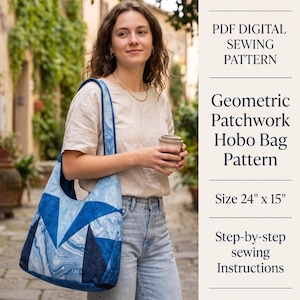 Può includere: Un cartamodello digitale in PDF per una borsa hobo in patchwork geometrico che misura 61 cm per 38 cm. Il testo include PDF DIGITAL SEWING PATTERN, Geometric Patchwork Hobo Bag Pattern, Size 24" x 15", Step-by-step sewing Instructions e VelvetPatternCo.