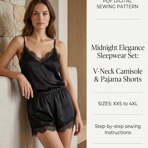 Satin-Pyjama-Schnittmuster, Camisole-Shorts mit Spitzenbesatz, Nachtwäsche mit V-Ausschnitt (Digitaler Download)