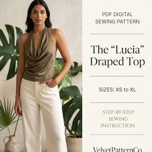Könnte beinhalten: Eine Frau trägt ein drapiertes olivgrünes Oberteil und cremefarbene Hosen. Der Text auf dem Bild lautet "PDF Digital Sewing Pattern", "The 'Lucia' Draped Top", "Größen: XS bis XL" und "Step-by-step Sewing Instruction".