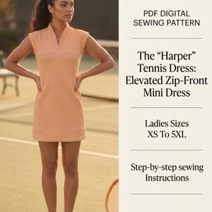 Harper Tennis Dress Sewing Pattern, Zip-Front Mini PDF for Women