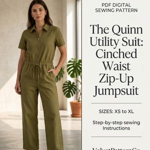 May include: An olive green utility jumpsuit with a cinched waist and zip-up front. The jumpsuit has short sleeves and wide legs. The text on the image reads "The Quinn Utility Suit: Cinched Waist Zip-Up Jumpsuit" and "SIZES: XS to XL".