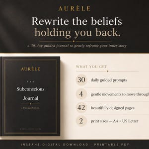 Könnte beinhalten: Ein schwarzes Journal mit dem Titel The Subconscious Journal mit goldenem Text und Rand. Das Bild zeigt den Text Rewrite the beliefs holding you back und listet den Inhalt: 30 tägliche Prompts, 4 Bewegungen, 42 Seiten und 2 Formate, A4 und US Letter.