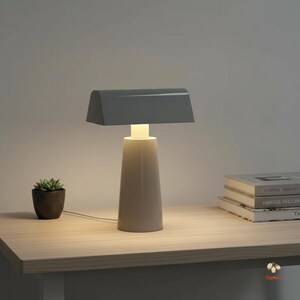 Minimalistische Tischlampe, rechteckiger Stoffschirm, zylindrische Basis, milchgrau/dunkelrot