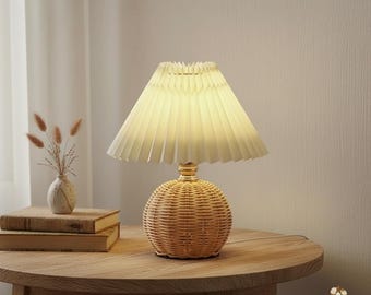 Rattan Base Pleated LED Table Lamp, Retro Boho Bedside Nightstand Lamp with USB for Warm Ambient Lighting
