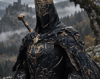 Frostbound Blacksteel Sovereign Armor Set – Ornate Dark Steel Plate Armor with White Cloak