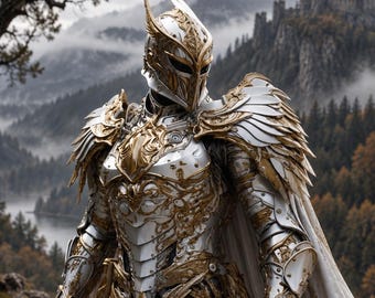 White Gold Fantasy Knight Armor Set, Royal Angel Warrior Costume, Medieval Cosplay Ornate Full Body Armor with Cape