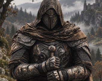 Frostbound Royal Knight Steel Armor Set – Ornate Dark Plate, White Cloak, Longsword