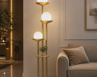 Mid-Century Modern Metal Globe Floor Lamp with Shelf, Dimmable Standing Light