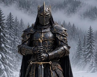 Shadow Crown Dark King Steel Armor | Black & Gold Medieval Knight Suit (LARP Cosplay)
