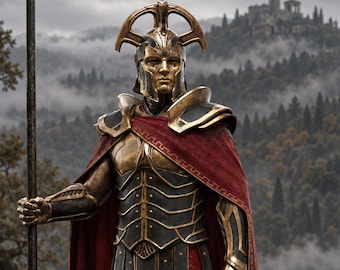 Spartan Warrior Armor Set, Bronze Black Medieval Fantasy, Red Cape, Spear (LARP Cosplay)