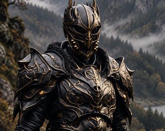 Dark Fantasy Black Knight Armor Set, Gothic Warrior Costume, Gold Trim LARP Cosplay Suit